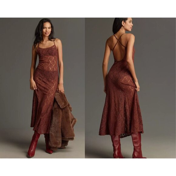 Anthropologie Brown Lace Slip Maxi Dress M NWT Boho Fall Romantic Unlined - Picture 1 of 9